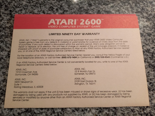 Garantía Original Atari 2600 Coleccionable Impecable 
