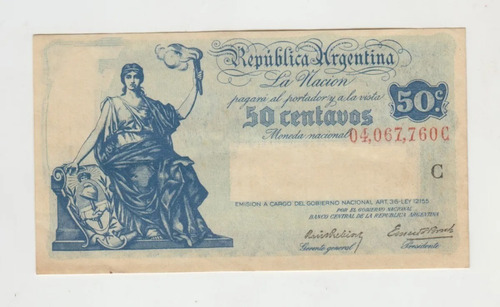 Billete Argentina 50 Centavos Bott 1801 Año 1942 Muy Bueno
