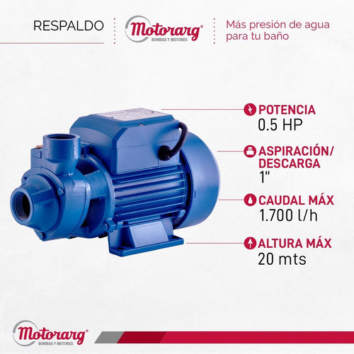 Bomba Periférica Motorarg Pf50 0.5hp 32mts 1700 L/hs 0.5 Hp Frecuencia 50 Hz Fase Eléctrica Monofásica Color Azul