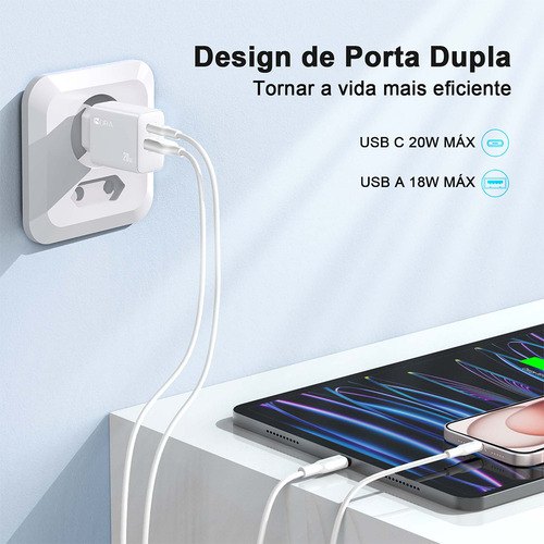 Carregador De Parede 1hora Pd 20w Porta Tipo Usb A+c Branco