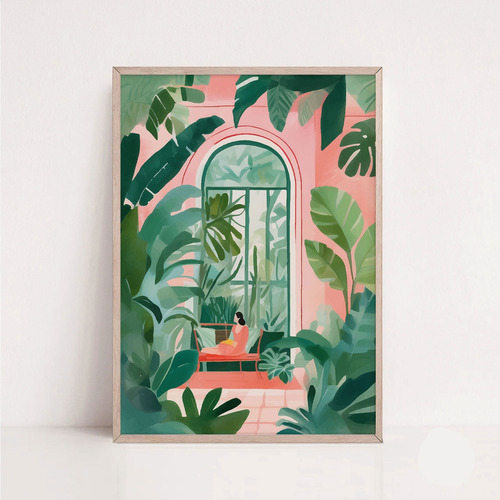 Lámina Decorativa Mujer Jardín Tropical Rosa Plantas Hojas Multicolor Sin Armazón