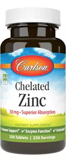 Zinc Quelado, 30 Mg Carlson 250 Tabletas