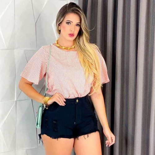 Shorts Jeans Preto Feminino Cintura Alta Desfiado St007