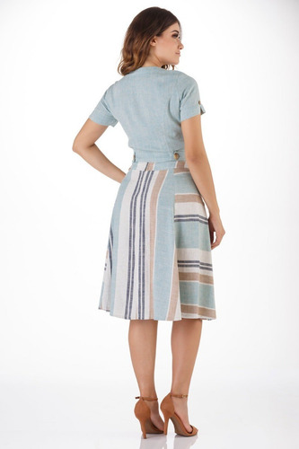 Imagem 4 de 9 de Look Evasê Com Listras E Amarração Via Tolentino Vt30813