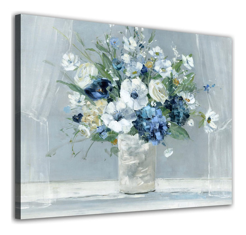 Arte De Pared De Flores, Lienzo De Flores Azules Y Blancas, 