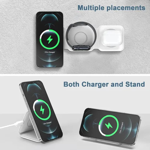 Carregador Triplo USB sem Fio 3 em 1 Dobrável para Dispositivos Cor Branco