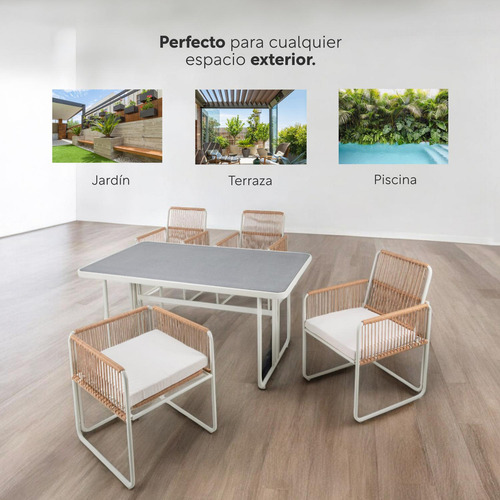 Sala Exterior Sunset Comedor Sillas Rattan Para Jardín 5 Pzs Estructura De Metal Mueble De Patio Terraza Balcón Beige Kingshouse