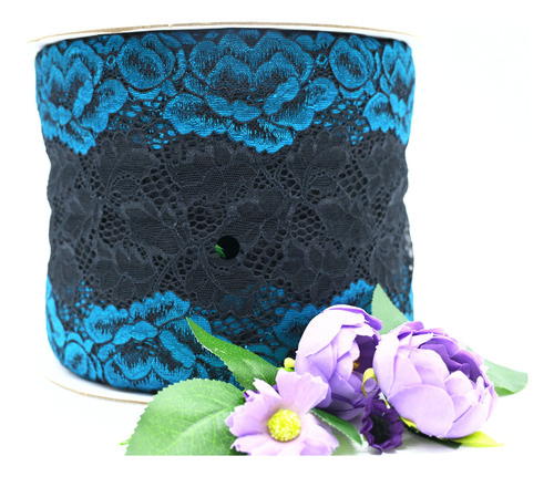 Rollo De Encaje Bicolor Floral De Alta Calidad 7014 Turqueza