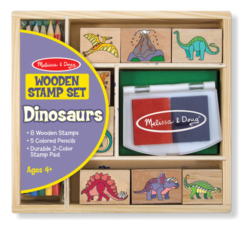 Melissa & Doug Set de Sellos de Madera: Dinosaurios - 8 Sellos, 5 Lápices de Colores, Almohadilla de Tinta de 2 Colores - Certificación FSC
