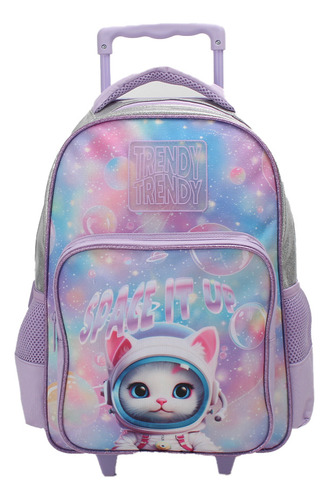 Mochila Escolar Trendy 12l Con Cartuchera Para Niñas Lila Floreado