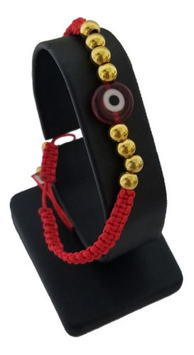 Pulsera Tejida Con Ojo Turco Rojo Y Donas En Acero