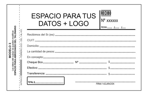 20 Talonarios Recibi Troquelado Duplicado Personalizado