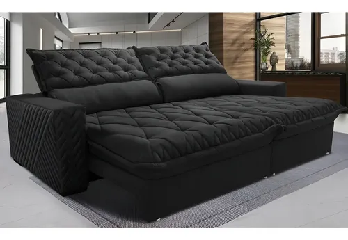 Sofá Retrátil e Reclinável 2,55m Molas Ensacadas Cama inBox Spazus com Bordado 3D Velusoft Preto