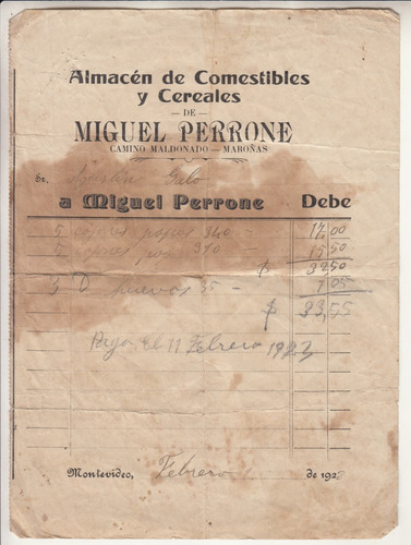 1923 Boleta Almacen Comestibles Perrone Maroñas Montevideo