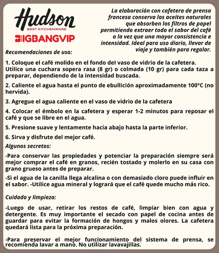 Cafetera Embolo 600 Ml Tipo Francesa Vidrio Blanca Hudson