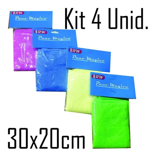 Pano Mágico Kit C/ 4 Panos Microfibra 30x20cm P/ Limpeza