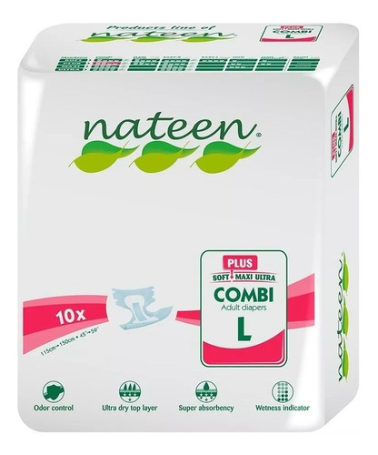 1 X 10 Unidades Pañales Nateen Combi Plus L Ultra Absorción 