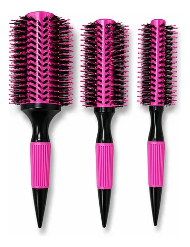 Kit 3 Escovas Profissionais Cabelo Cerdas De Javali Rosa Cor Rosa