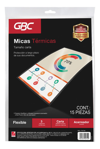 Imagen 1 de 3 de Mica Termica Carta Gbc (15 Pzs., 3 Mil)