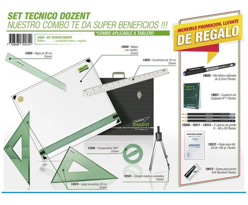 Imagen 2 de 6 de Kit Tablero De Dibujo Plantec Dozent 50x60 + Utiles