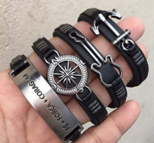 Kit Com 10 Pulseira Masculina Couro Preto Atacado Revenda