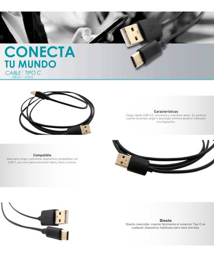 Cable Usb Tipo C Para Datos Carga 1.5 Metros Negro Garantia