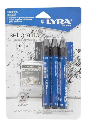 Imagen 1 de 1 de Kit Crayon Grafito Lyra 9b 6b 2b Y Goma Moldeable P/ Dibujo