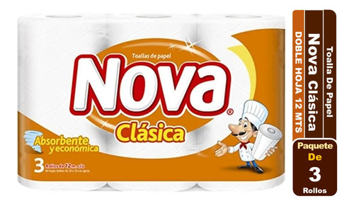 Toalla De Papel Nova Clásica Doble Hoja 3 Rollos