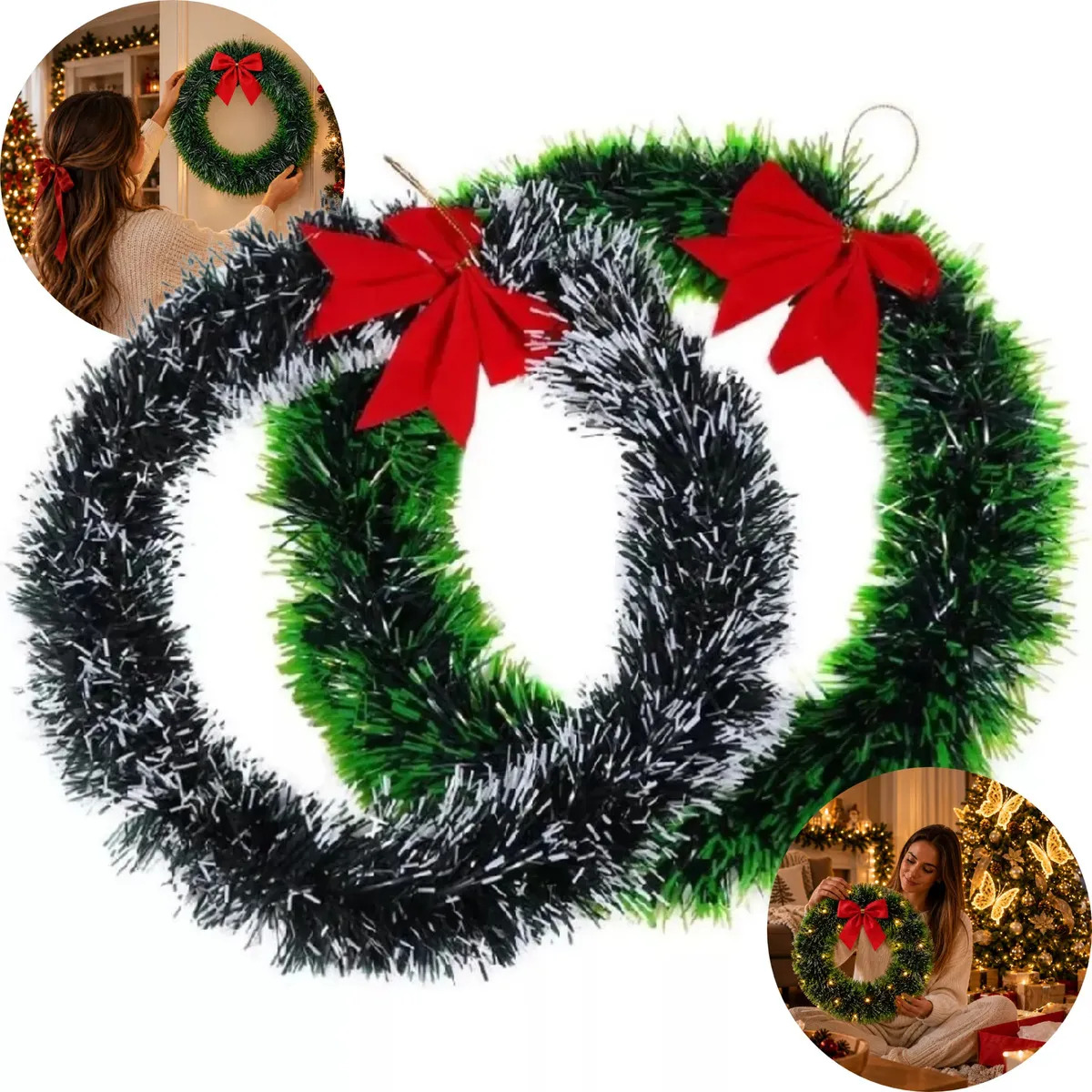 Kit 2 Guirlanda De Natal 30cm Com Laço Decoração Natalina Porta Enfeite Natal Nevada Luxo Artezenato