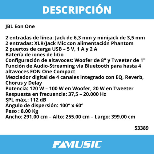 Imagen 2 de 11 de Bafle Potenciado Portátil Jbl Eon One Compact Multipropósito