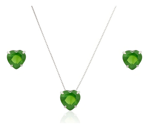 Conjunto Ponto De Luz Verde Em Ouro Branco 18k Veneziana