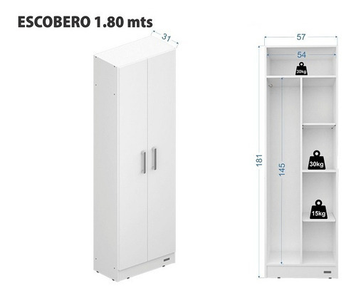 Escobero Organizador De Limpieza 1,80m 2 Puertas Blanco