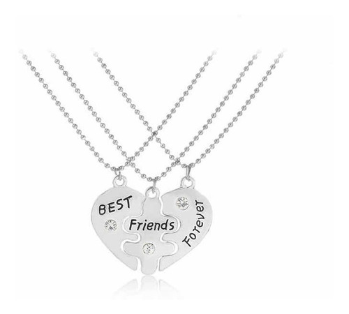 Set 3 Collares De Dije De Corazon Best Friends Plateado Bff