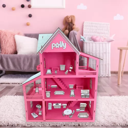 Casinha Casa de Boneca Barbie Polly Pintada 25 Móveis Madeira Mdf