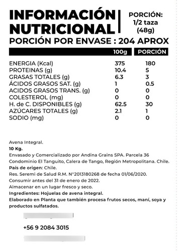 Imagen 2 de 2 de Avena Integral Natural Caja De 10 Kg Por Mayor