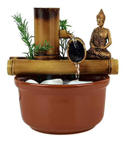 Fonte Agua Buda Hindu De Mesa Cascata Ceramica E Bambu 19cm