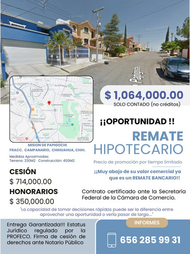 Oportunidad Única De Inversión, Casa De Remate Bancario A Un Precio Increíble En El Fraccionamiento Campanario, Chihuahua, Chih.