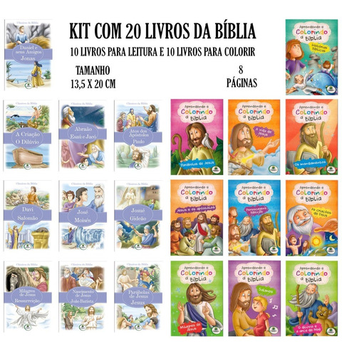 Kit Com 20 Livros Bíblicos - 10 Para Colorir E 10 Para Ler