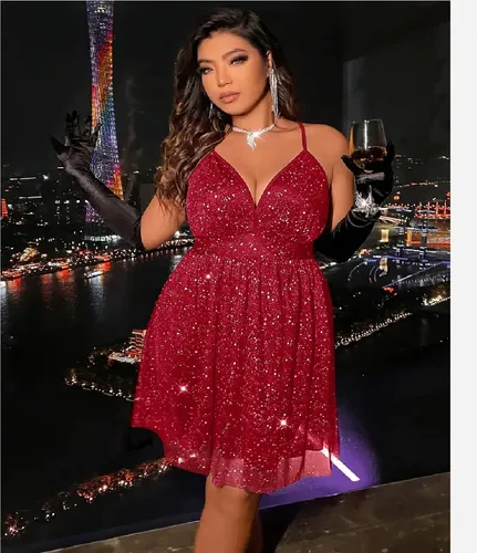 Vestido Fiesta Gasa Roja Puntos Plata Xl Y 4xl Grande