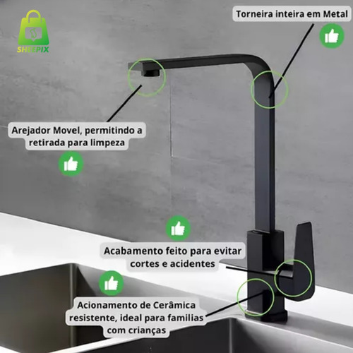 Torneira Gourmet Monocomando Quadrada 360 Cor Preto Fosco