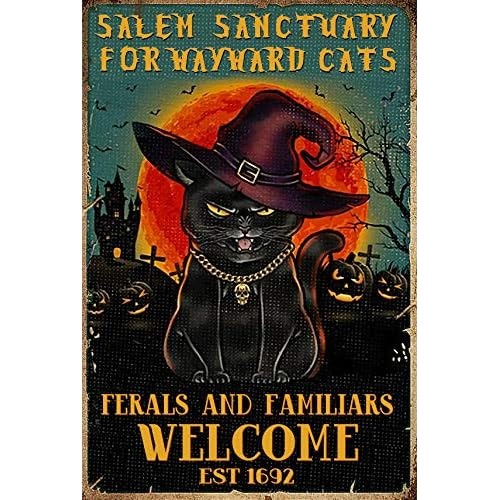 Señal De Estaño Halloween Del Santuario Salem Gatos E...