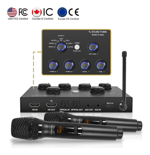 Sistema Mezclador De Karaoke Inalámbrico 16 Canales Y Micróf Negro, Hd Arc, Entrada/salida Óptica, Con Corte Vocal