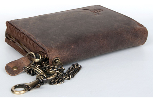 Cartera Grande De Cuero Genuino Con Cremallera Y Cadena Beig