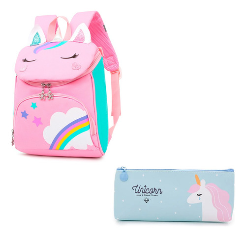 Kit Mochila De Unicornio + Cartuchera C/ Cierre Tipo Sobre