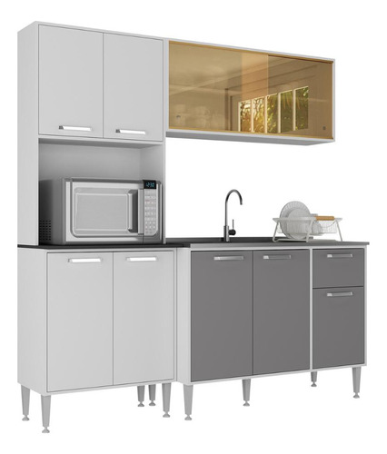 Cozinha Compacta C/ Balcão Para Pia Siena Multimóveis Mp2217 Cor Branco/lacca Fumê