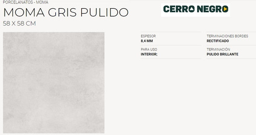 Porcelanato Moma Gris Pulido 58x58 Cm Primera Cerro Negro