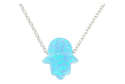 Collar De Mano De Hamsa Con Ópalo Azul Claro, Cadena De Plat