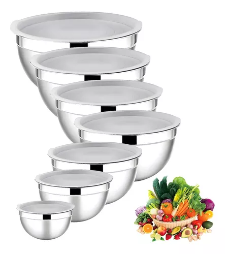 P&P CHEF Juego de 7 cuencos para mezclar con tapas, cuencos de acero  inoxidable para ensalada, cuencos para servir con 17 herramientas de cocina  para