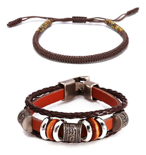 Pack 2 Pulsera Cuero Hombre Café Pulsera Mujer Budista