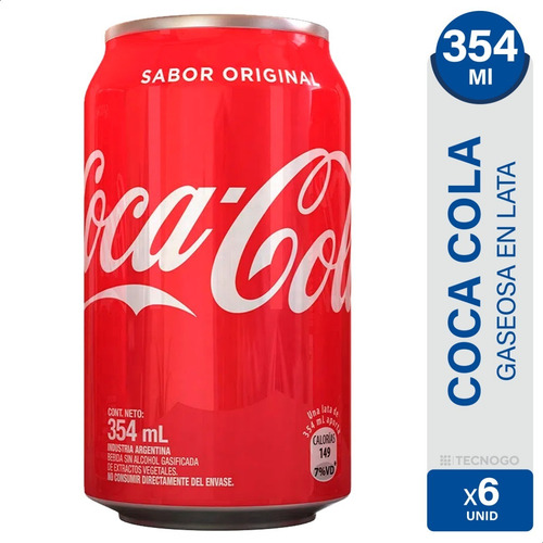 Imagen 1 de 7 de Coca Cola Lata 354ml Original Gaseosa Pack X6 Latas